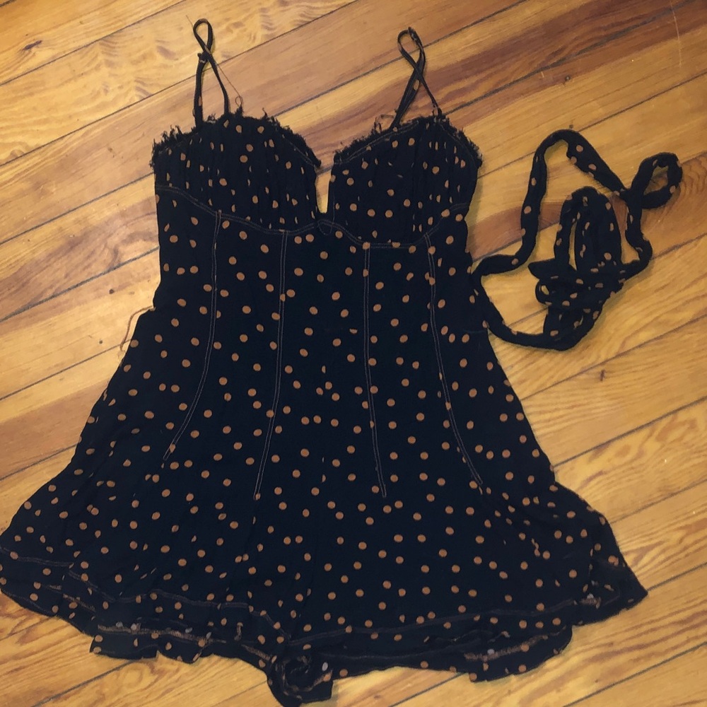 Free People Black Polka Dot Romper Dress with Brown Dots